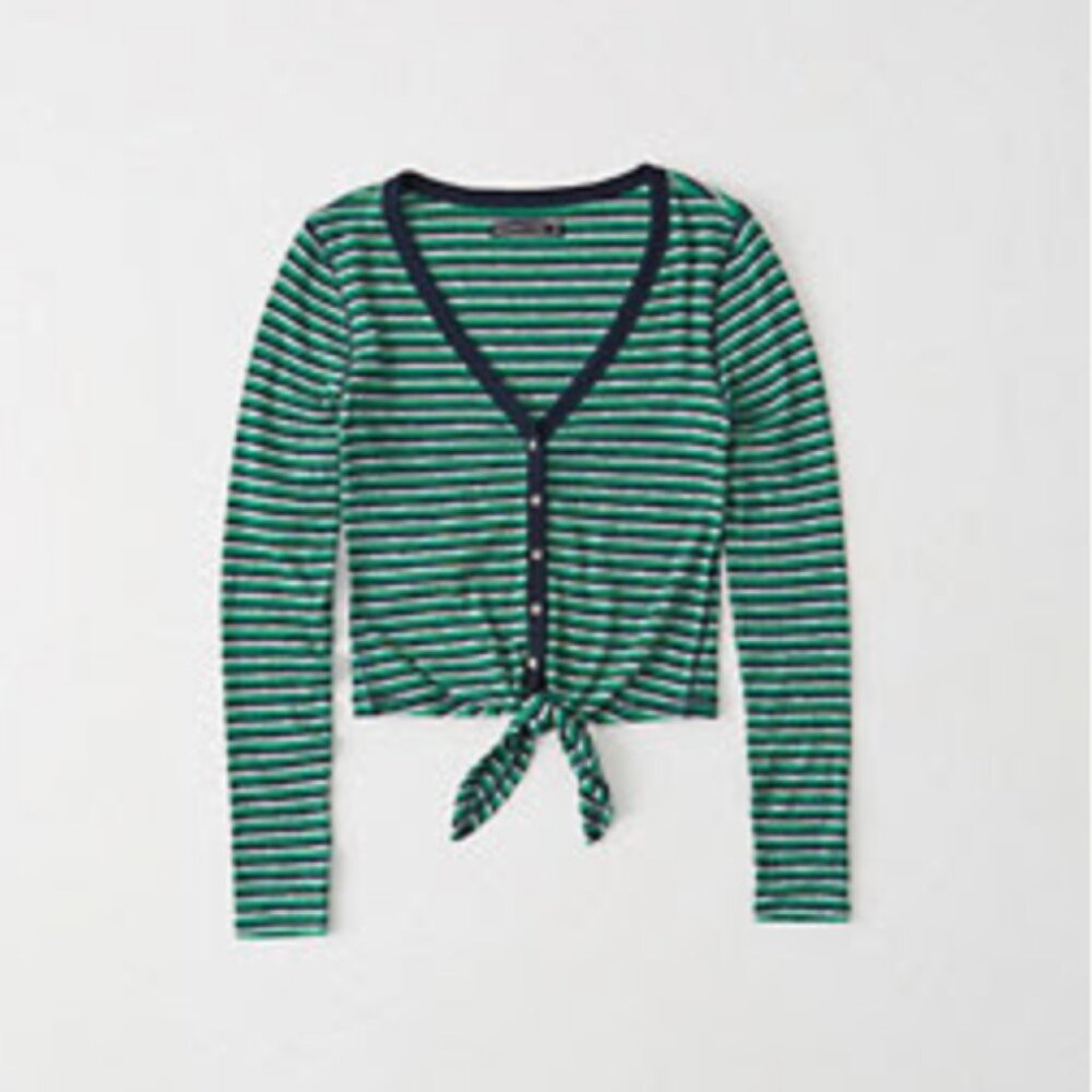 NWT $38 A&F Button-Up Tie-Front Top in GREEN STRIPE - XS!